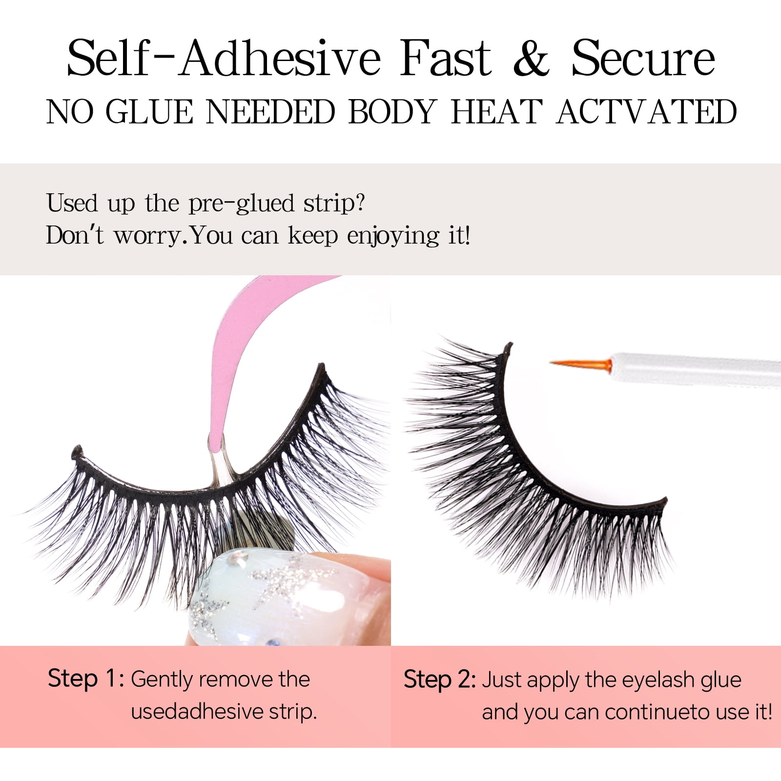 MEHORAN 3 Pairs False Eyelashes with Adhesive, Fluffy Self Adhesive False Lashes, Reusable Full Volume Strip Lashes, Lightweight & Washable, Strips 8-14mm