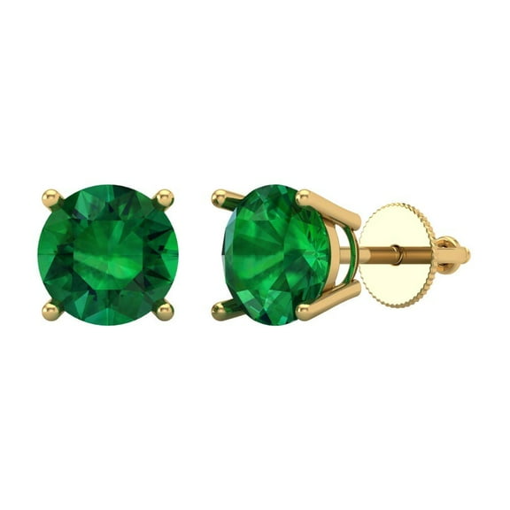 4 ct Screw-Back Stud Earrings for Women | 8.0mm Round Cut Simulated Emerald | 18K Yellow Gold