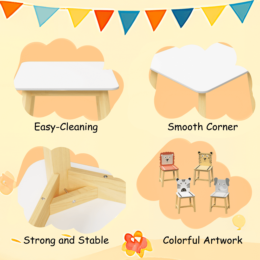 YDSM  5 Piece Kiddy Table and Chair Set , Kids Wood Table with 4 Chairs Set Cartoon Animals (bigger table) (3-8 years old)