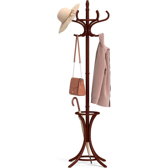 Coat Rack with Umbrella Holder, 73 Inch Freestanding Coat Hanger Stand with 12 Hooks, Wooden Entryway Coat Tree for Clothes, Bags, Hats, Scarves, Living Room, Bedroom, Hallway (Reddish Brown)
