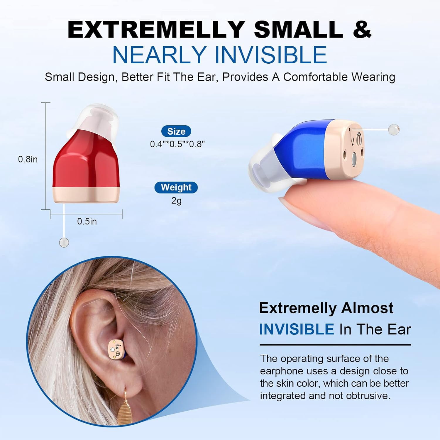 Rechargeable Hearing Aids For Seniors With Noise Canceling,Hearing Amplifier For Adults,Digital In Ear Hearing Aids, Hearing Assist Devices With Volume Control Magnetic Contact Charging Box,Blue&Red