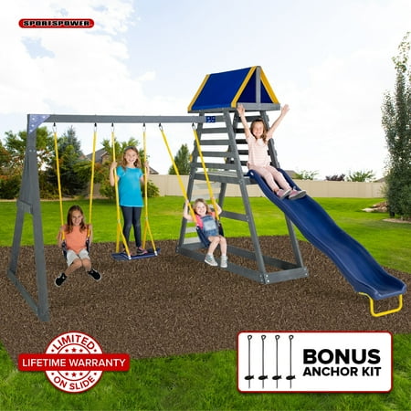 Sportspower Mill Creek Canyon Wooden Swing Set with Standing Swing, Rock Climber, Play Fort, 8' Slide, & Bonus Anchor Kit