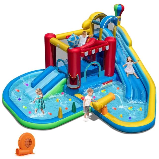 Costway Inflatable Water Park with Splash Pool, Water Cannon, Basketball Rim, 750W Blower Multi-Color