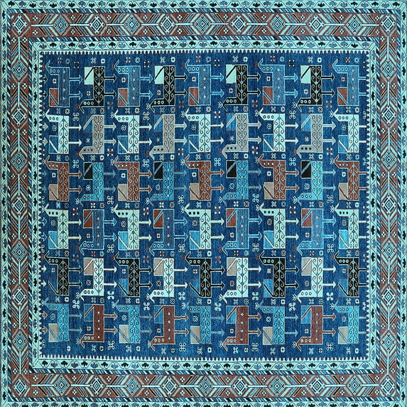 Ahgly Company Indoor Square Oriental Light Blue Industrial Area Rugs, 7' Square