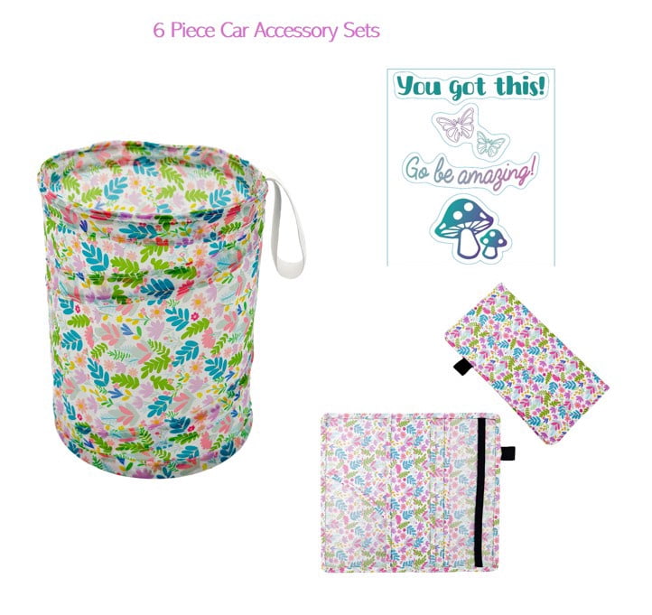 Women's Spring Floral Car Accessory Set with Document Holder, Collapsible Trashcan, and 4 Mirror Decal Stickers