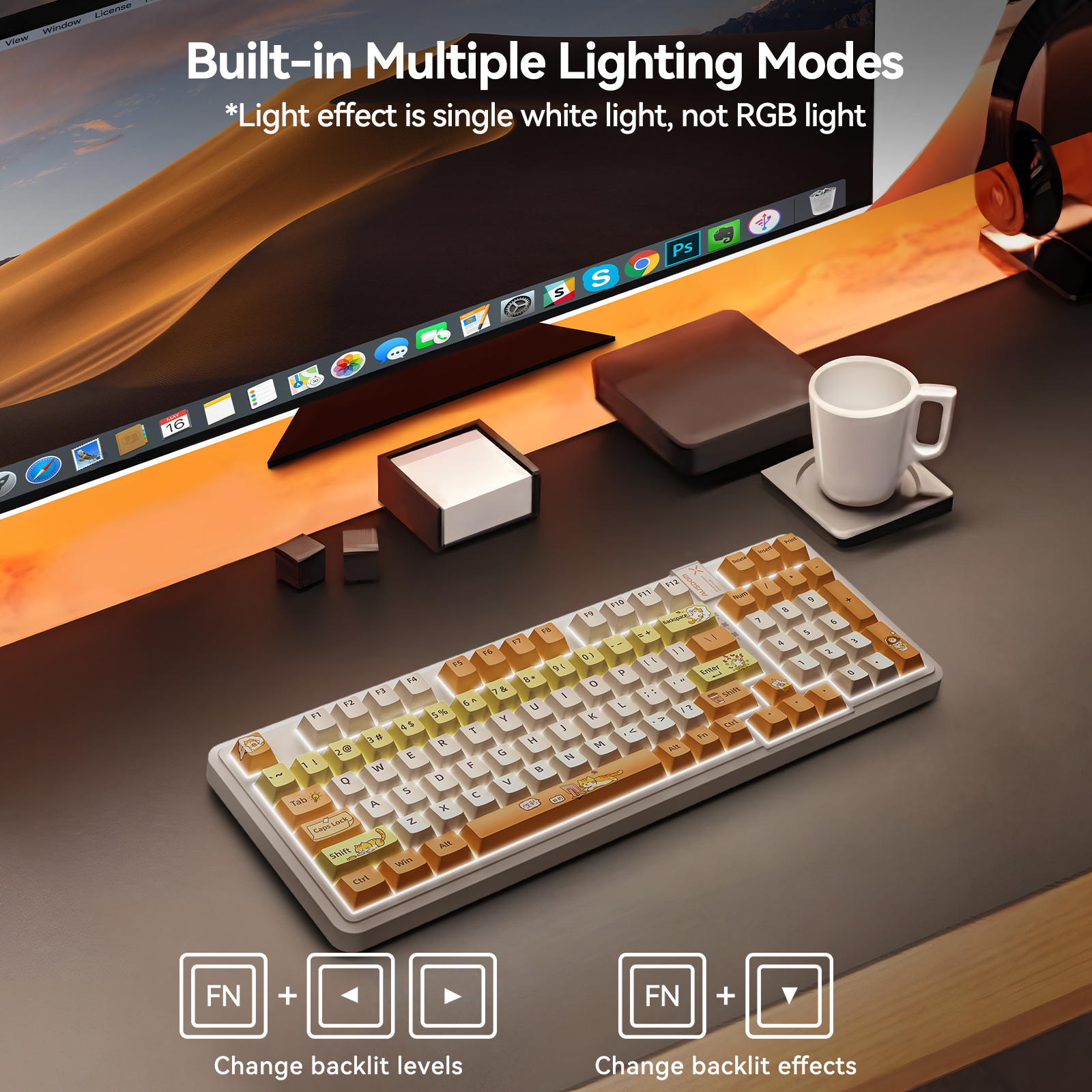AUSDOM 98Pro Wireless Mechanical Gaming Keyboard - Tri-Mode (Bluetooth/2.4GHz/USB-C), Hot Swappable Linear Switches, White Backlit, Gasket, PBT Keycaps, Compatible with Windows/Mac (Yellow Cat Theme)