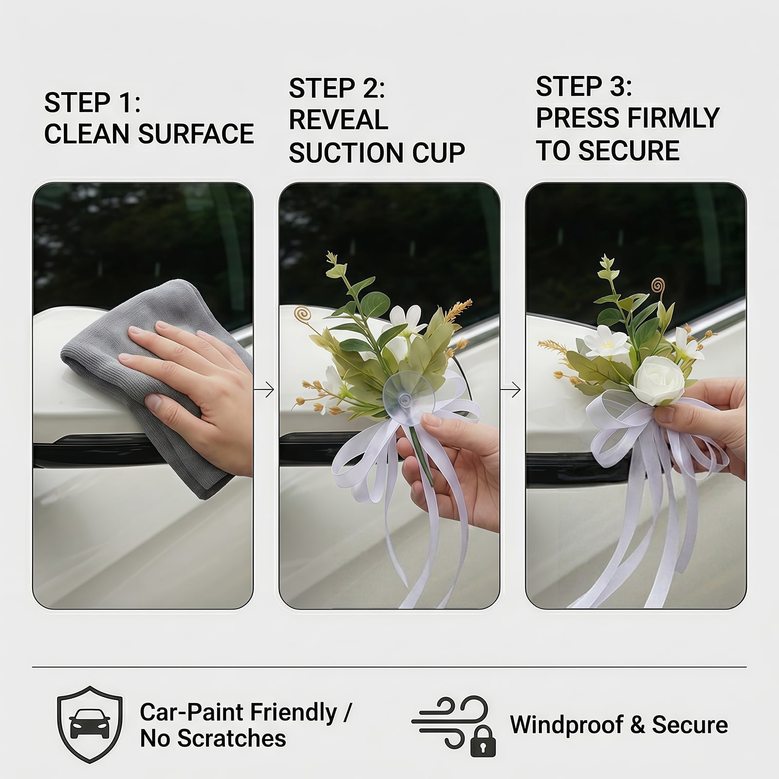 Set of 12 White Wedding Car Decorations Artificial Flowers for Door Handle Decor Just Married Car Decorations for Mirror Wedding Accessories for Reception Flores Artificiales para Decoracion