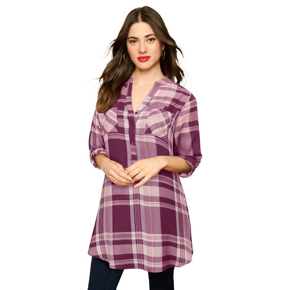 Roaman's Women's Plus Size Plaid Henley Tunic