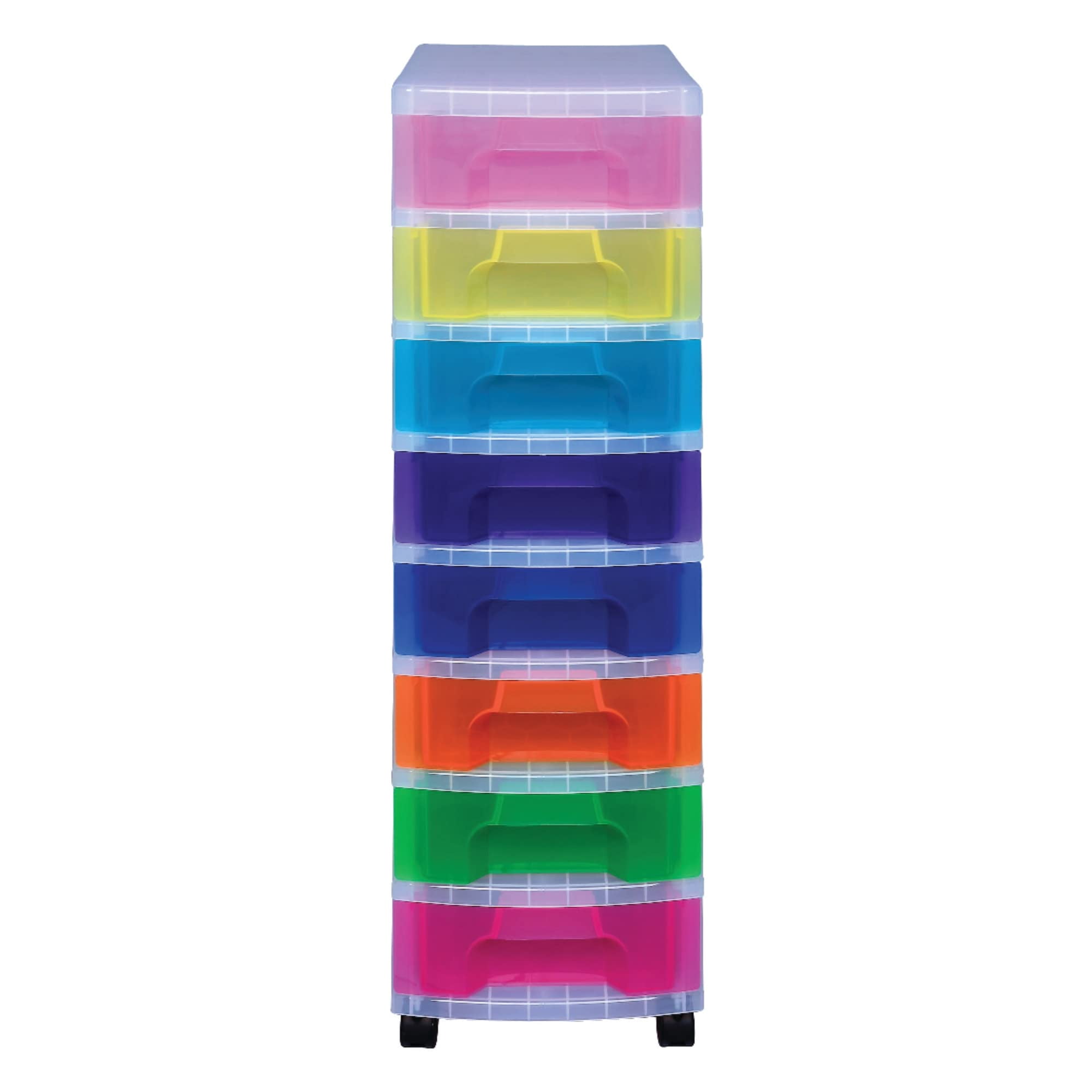 Really Useful Box® Plastic 8-Drawer Storage Tower, 7 Liters, 36 1/2" x 15 3/4" x 12", Clear/Rainbow