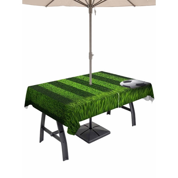Outdoor Tablecloth with Umbrella Hole for Patio/Picnic/Party/Camping, Soccer Waterproof Table Cloth Rectangle Table Cover Washable, Football Vertical Stripes Turf Vibrant Green (60"x 84")