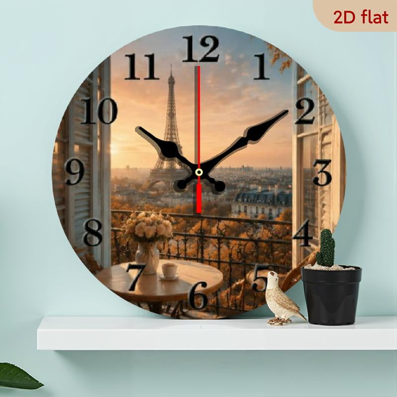 10 Inch Wooden Silent Wall Clock, Modern Rustic French Cafe Style with Eiffel Tower Motif, Ideal for Home, Kitchen and Bedroom Decoration
