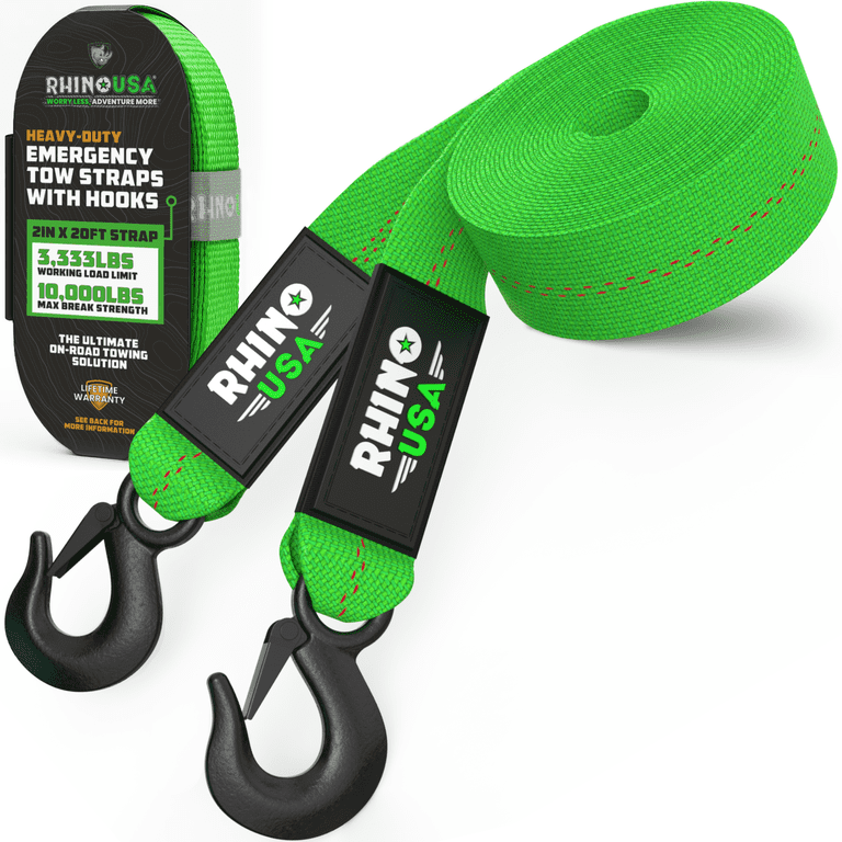 Rhino USA Tow Strap with Hooks, 2 in x 20 ft, Green photo 1