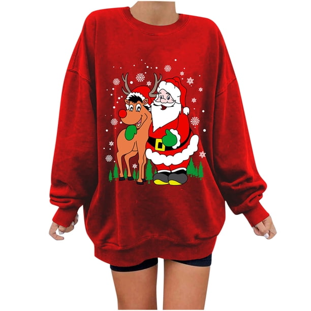 Blusa de sudadera informal con estampado suelto y mangas caídas navideñas con cuello redondo para mujer Fridja FKASFK1945