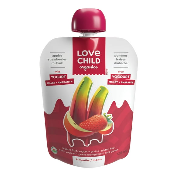 Love Child Organics Power Yo'rridge Apples, Strawberries + Rhubarb Puree 128ml Pouch, 128 mL