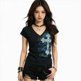 thumbnail image 4 of Women Y2K Grunge Vintage Graphic Tees V-Neck Short Sleeve Slim Fit T-Shirt Emo Clothes for Teen Young Girls 2000s Streetwear Black Size S, 4 of 9