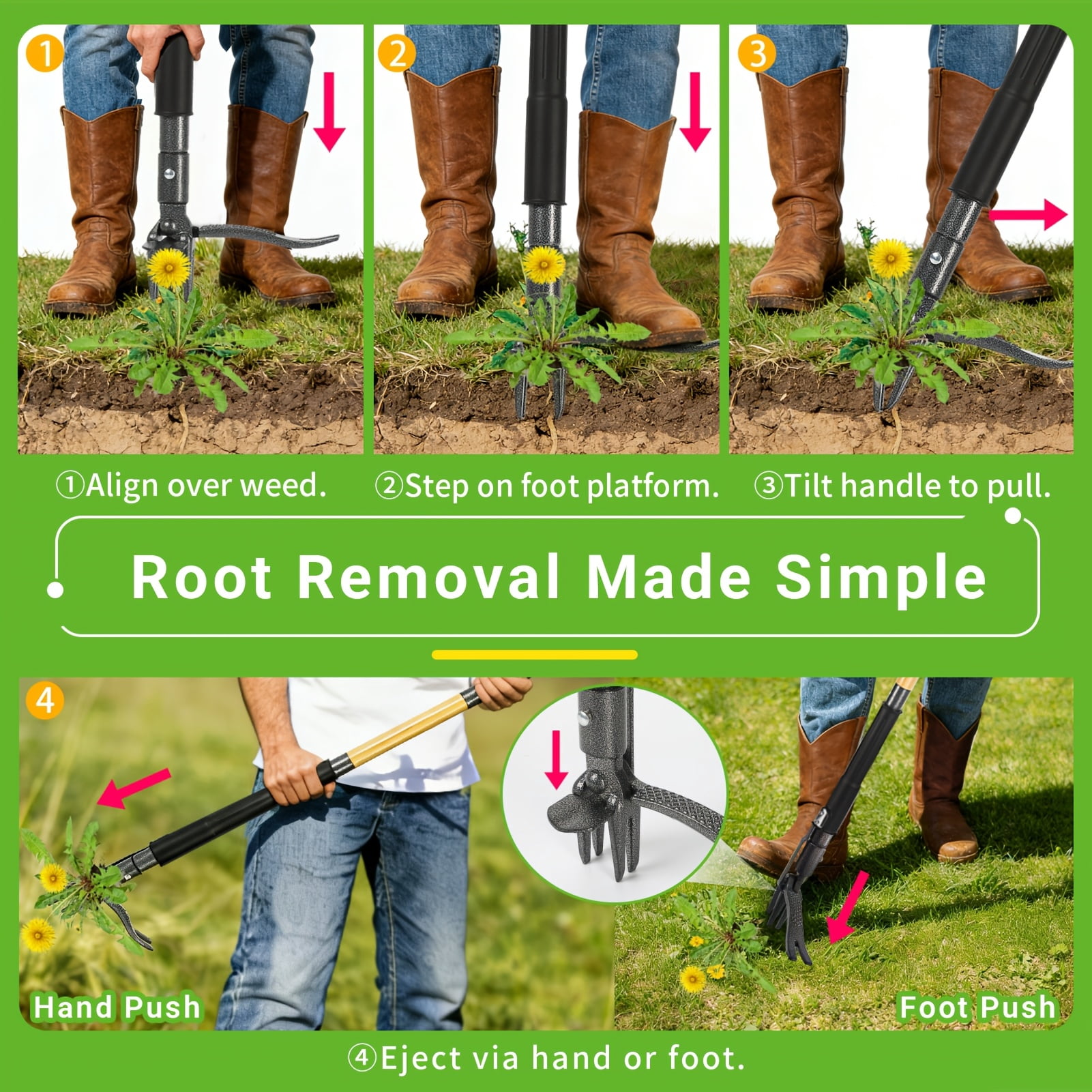 Stand Up Weed Puller With Large Collection Bag, Heavy Duty 4-Claw No-Bend Weeding Tool, Ergonomic Long Handle Root Remover For Lawn & Yard, Effortless Garden Maintenance Kit