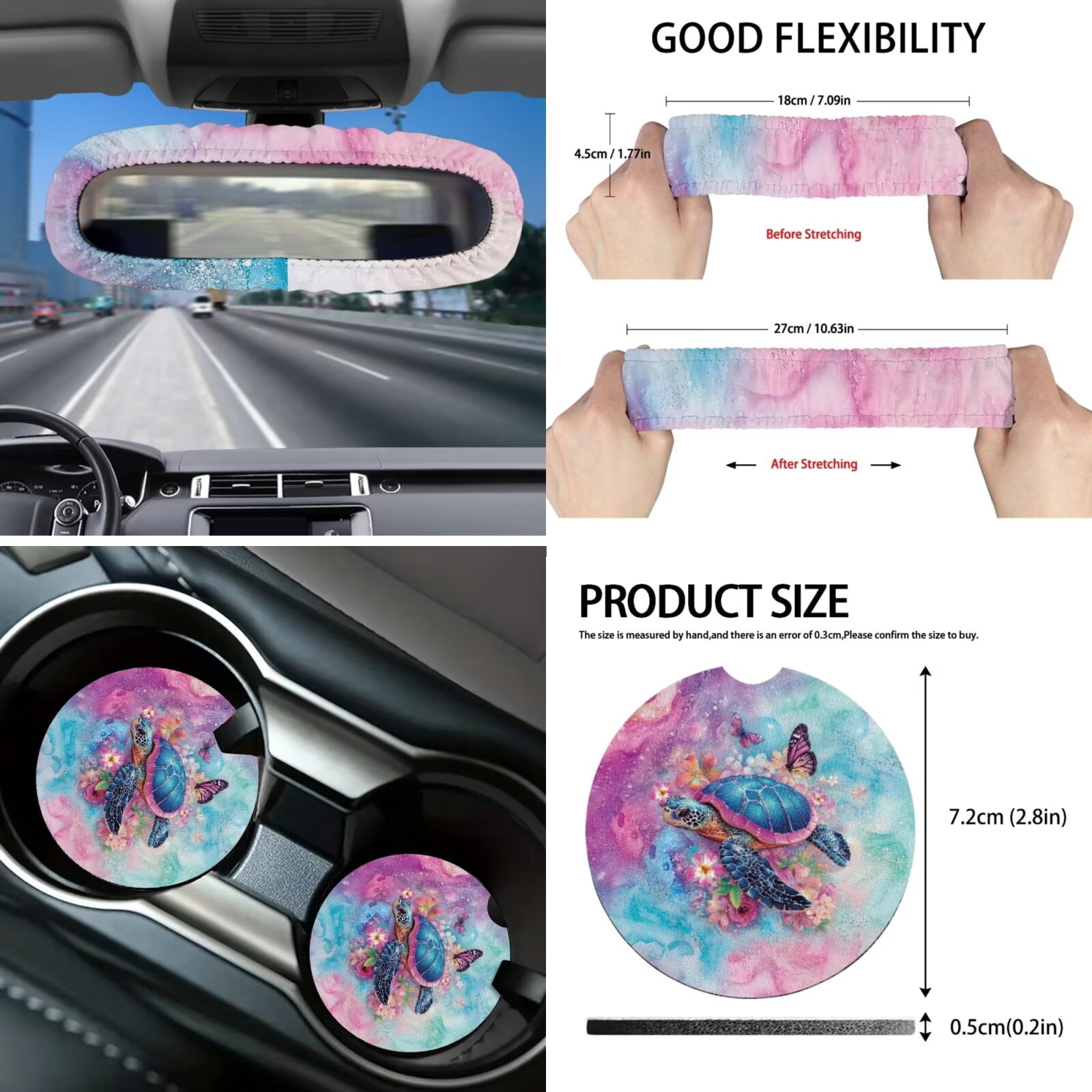 Garronmavis Aesthetic Turtle Car Seat Cover Full Set 16 Pieces Car Seat Belt Covers Keychain Gear Shifting Knob Cup Mats Auto Rear View Mirror Cover