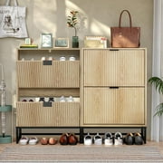 Oubayajia Modern Shoe Storage Cabinet, Wood Shoe Rack Organizer with 2 Flip Drawers, Freestanding Narrow Shoe Cabinet for Entryway Hallway, Natural