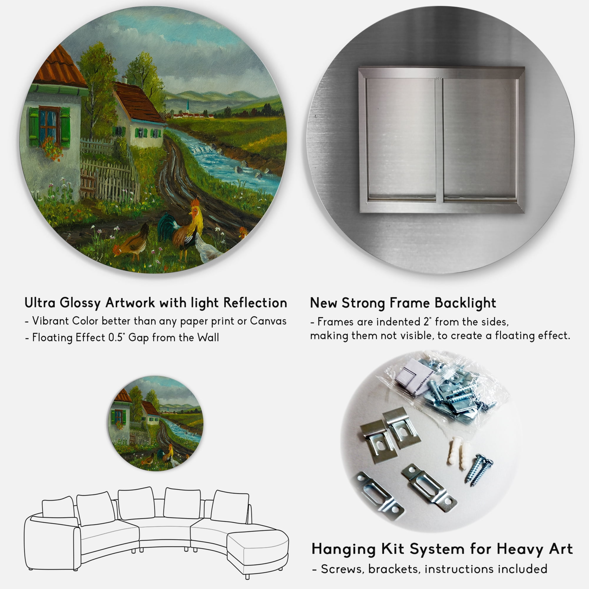 Designart 'A Cock and Three Chickens In A Meadow With Flowers' Farmhouse Circle Metal Wall Art 29x29 - Disc of 29