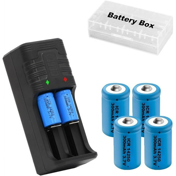 3.7V 14250 Battery with Charger, 4 Pack 1/2 AA Size Batteries Can Replace 3.6 Volt LS 14250, ER14250, 3v CR14250 Battery for Laser