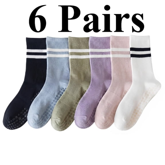 Non Slip Crew Socks, 6 Pairs Cushioned Terry Cotton Socks, Breathable Grip Socks for Women Yoga Pilates Workout