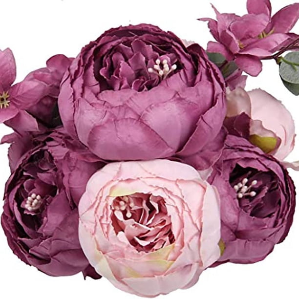 Nvzi Flores falsas, peonías artificiales vintage, flores de seda, decoración para el hogar, paquete de 1 (morado)