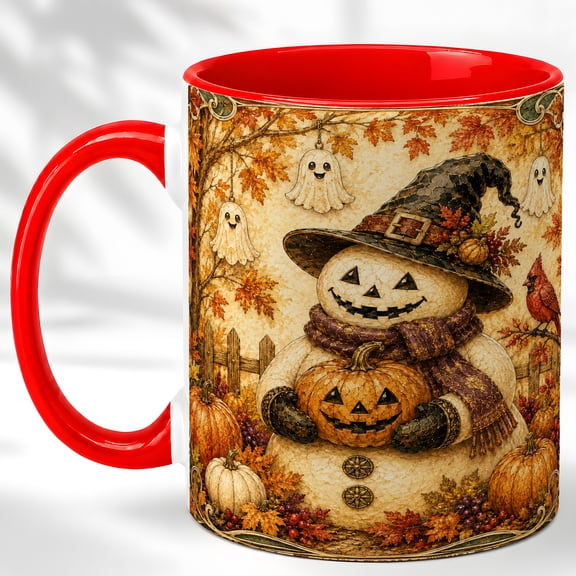 Snowman Pumpkin Coffee Mug, Autumn Halloween Mug, Ceramic Cup