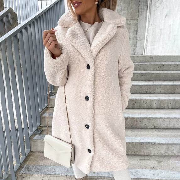 Tdoqot Women's Fleece Jacket- Long Button Down Casual Loose Winter Coats for Women Beige Size L