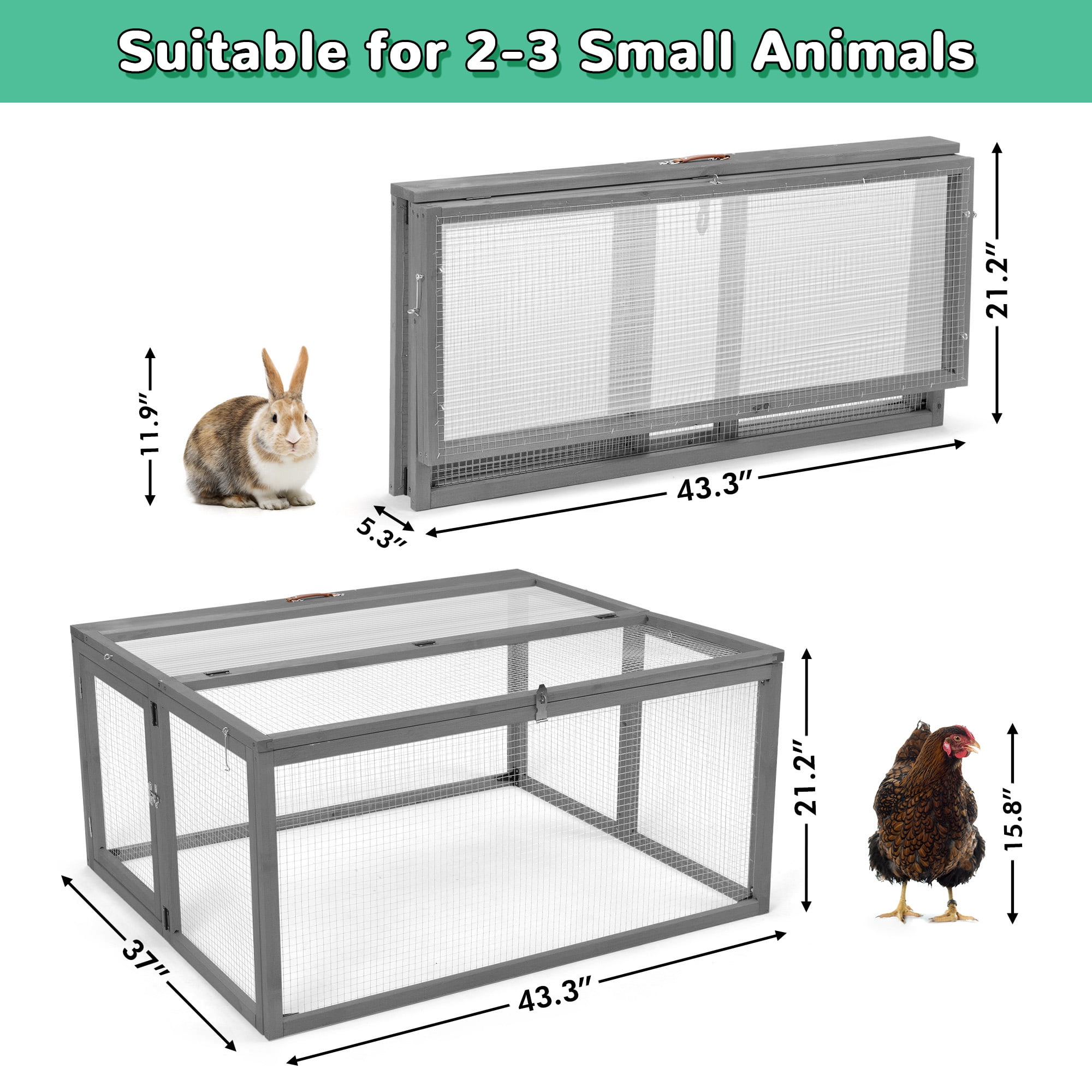 Portable Chicken Coop Run Rabbit Hutch, Folding Chicken Cage Pens with Top and Side Opening Doors, Wooden Hen Coop