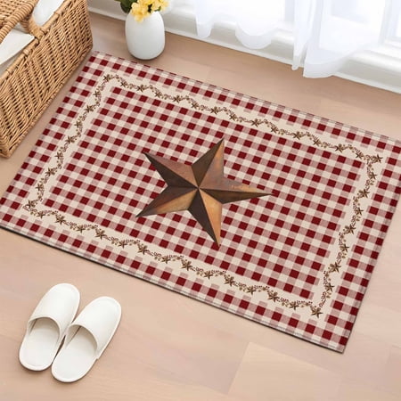 Rectangle Area Rug 2x3ft,Retro Country Stars Washable Carpet Non-Slip Runner Accent Rugs Indoor Floor Mat for Bedroom Living Room Decor,Vintage Dates Red Plaid