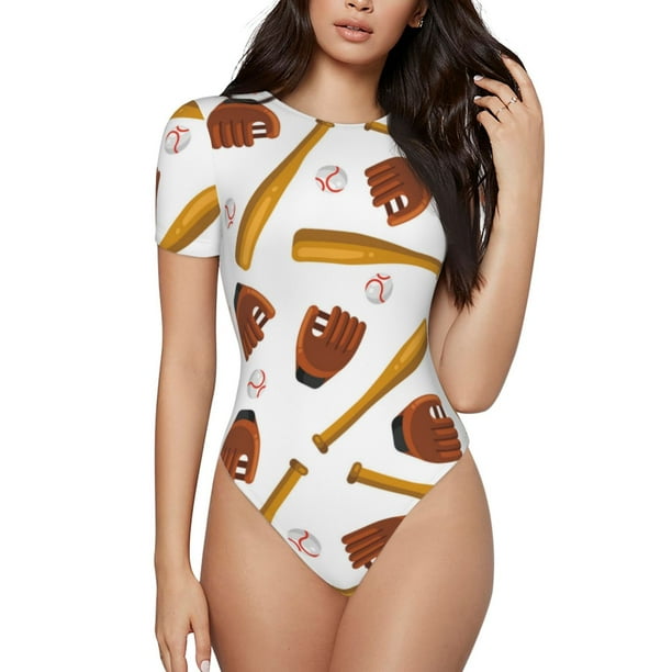 Fotbe Baseball Sport Body de Mujer con Cuello Redondo y Mangas Cortas, Sin Mangas Ajustado, Suave, Cómodo y Básico-Medium