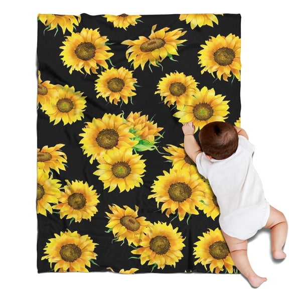 Black Sunflower Green Leaf Pattern Blanket,Comfortable Soft Flannel Throw Blanket,All Season,Warm Lightweight Blankets for Sofa Bed Couch Living Room Chair,30"x40"