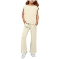 thumbnail image 2 of Otqutp Girls Summer 2 Piece Outfits Cap Sleeve Shirts Wide Leg Pants Sets Kids Ribbed Knit Matching Set Travel Vacation Clothes 2026, 2 of 4