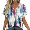thumbnail image 2 of IchuanyiWomens Printed Tops 2025 Spring Summer Short Sleeve V Neck T Shirts Casual Tee with Side Shirring, 2 of 6
