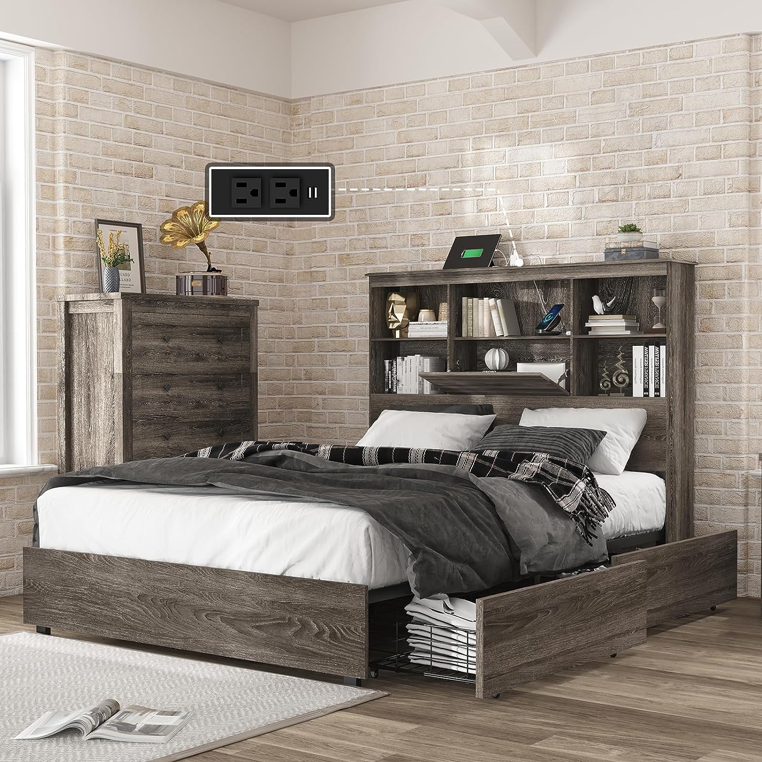 LUXOAK King Size Bed Frame with Bookcase Headboard, Wooden Storage Bed