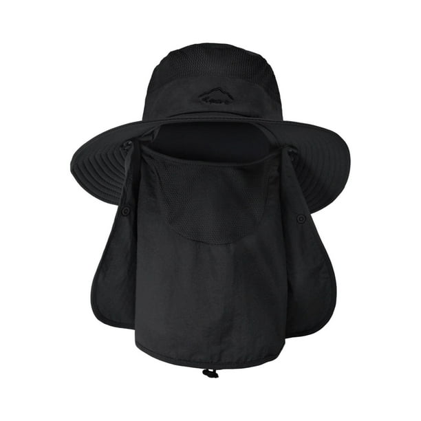 Sombreros para el sol con cubierta para el cuello y la cara para hombres, visera con correa a prueba de viento, protección solar ancha Negro