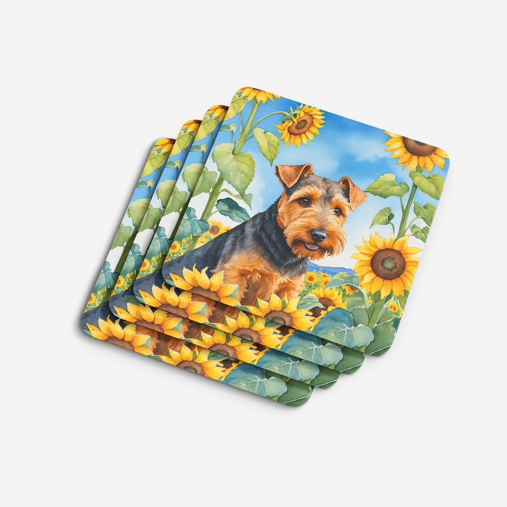Welsh Terrier in Sunflowers Foam Coasters 3.5 in x 3.5 in