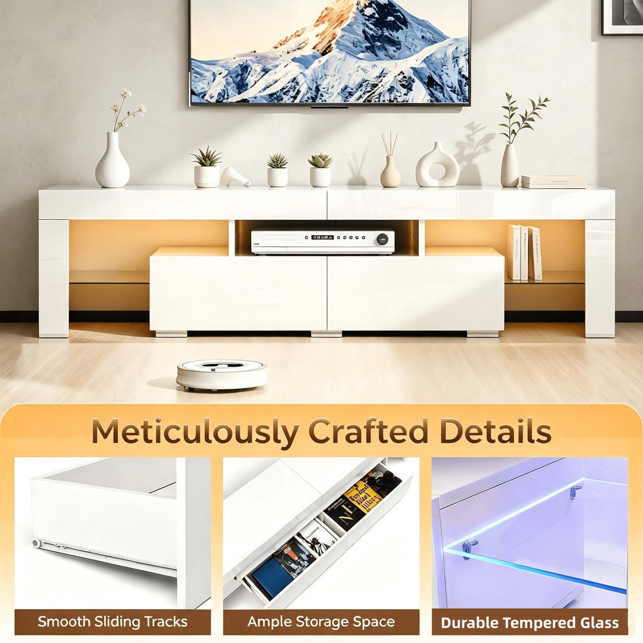TV Stand with RGB LED Lights, MDF Entertainment Center with 2 Drawers & Tempered Glass Shelves, Modern Media Console Table for TVs Up to 70 Inches, White High Gloss 61.4x13.8x15.7 Inches
