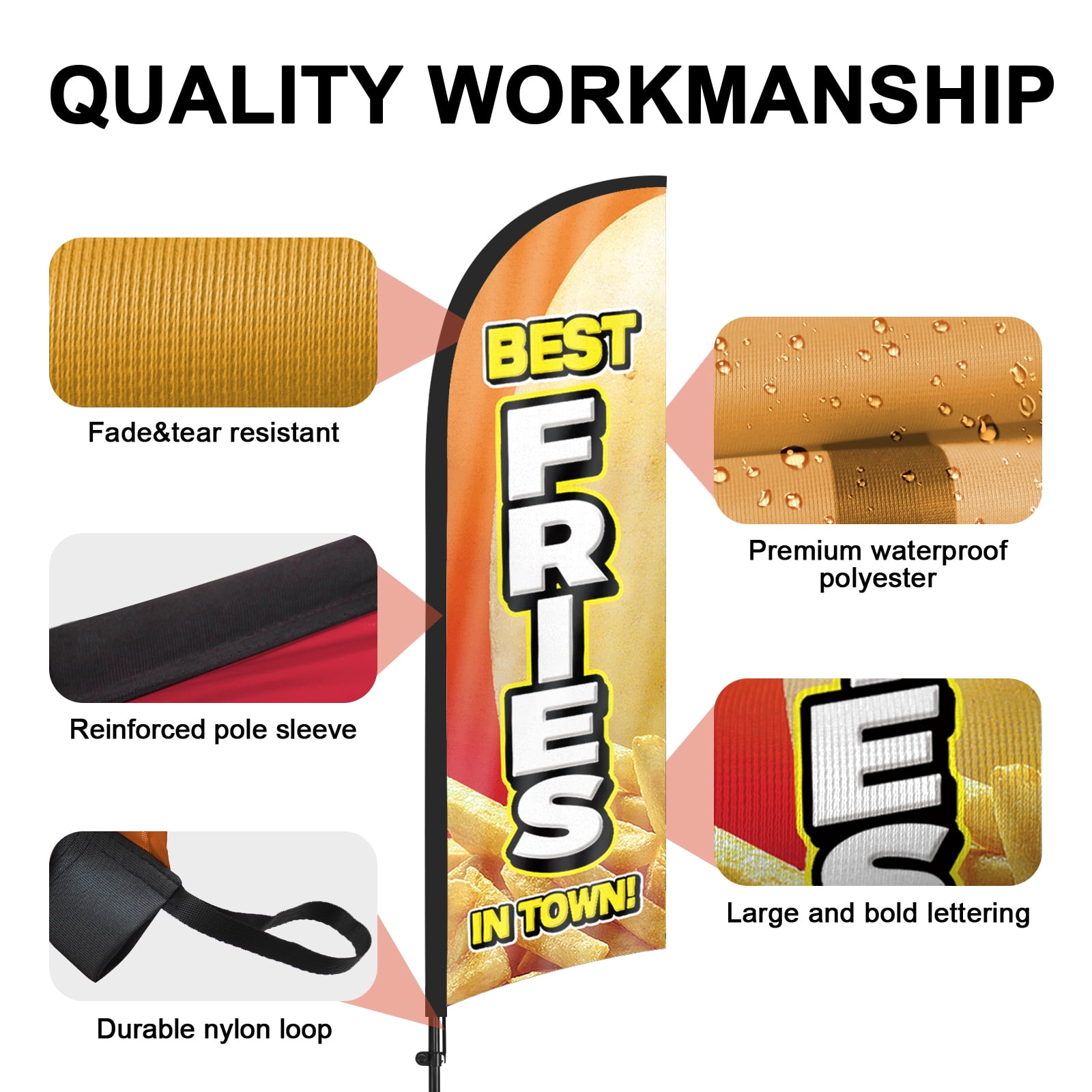 QSUM Best Fries Feather Flag with Flag Pole Kit and Ground Spike, 8.2FT Best Fries Windless Flag Banner Sign Business for Outdoor Advertising