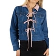 thumbnail image 1 of Jess por Meiko Chaquetas de Mujer de Manga Larga con Cuello, Chaqueta de Denim con Color Contrastante y Corbata, Talla M, Azul Denim/Rosa, 1 of 6
