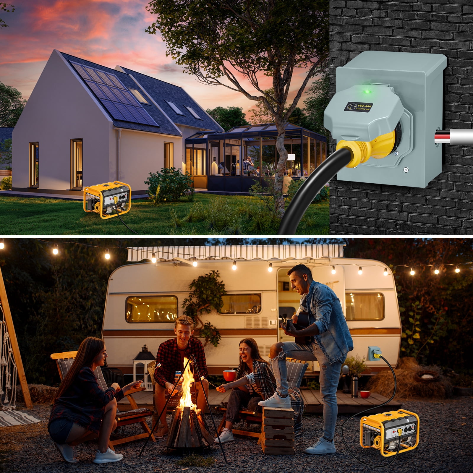 50 Amp Generator Extension Cord, Pre-Drilled Power Inlet Box with Twist Lock, Generator Cable 50A 4 Prong, NEMA 14-50P/SS2-50R Heavy Duty 6/3+8/1 AWG STW Wire for RV Camper & House