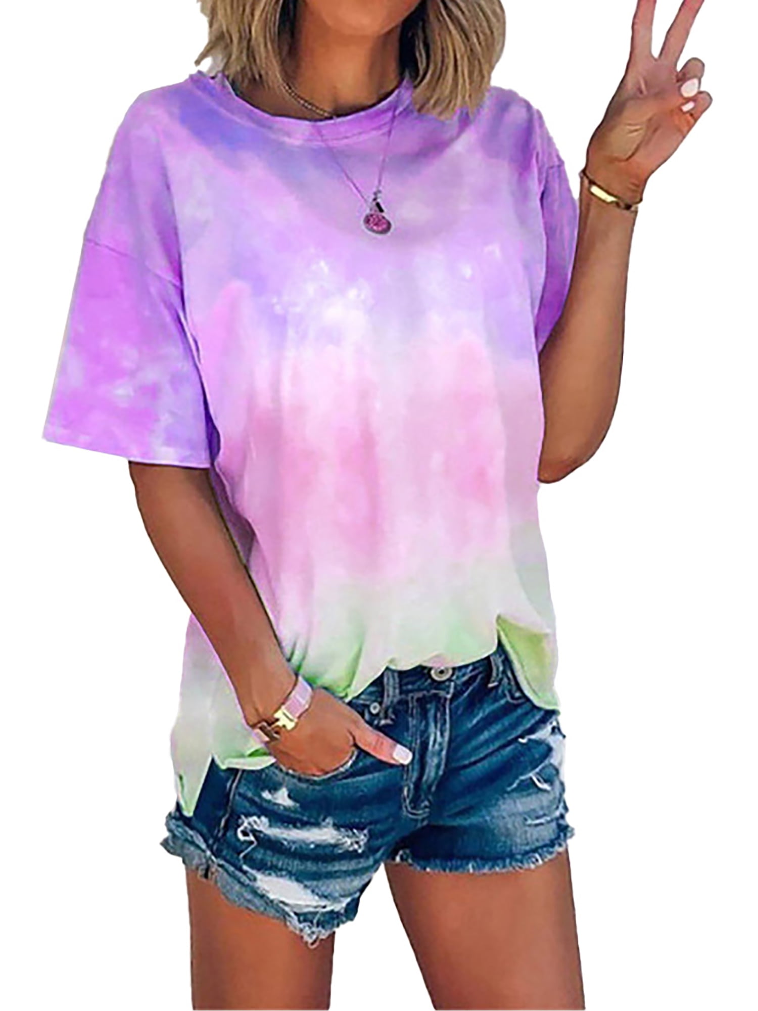 WYTong Fashion Sequin Blouse For Womens Casual T-shirt Summer Tie-Dye Patchwork Short Sleeve Tops With Pocket