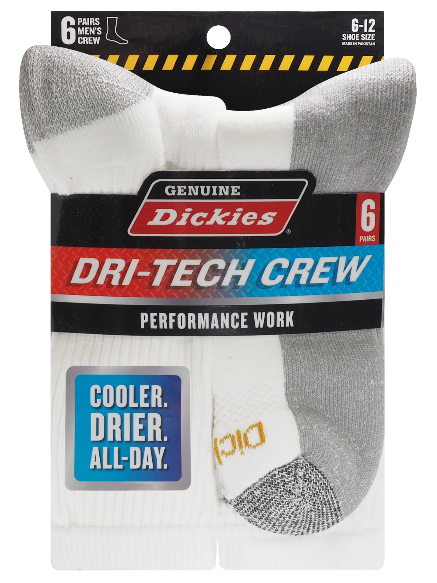 (2 pack) Dickies Men's Dritech Crew Sock, 6 Pack White Greypad Size 6-12