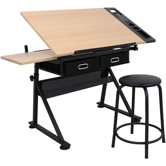 LEMY Drafting Table with Stool, Height Adjustable Tilting Tabletop Art Desk with Storage Drawer, Artist Sketching Work Station for Drawing, Writing, Home Office