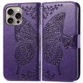 thumbnail image 2 of Butterfly Embossed Wallet Case for iPhone 15 Pro, PU Leather Flip Cover with Card Holder, Kickstand & Lanyard, Shockproof,,Deep purple,For iPhone 15 Pro, 2 of 9