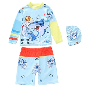 WOYY Little Boys 3Pcs Swimsuit Long Sleeve Rash Guard Shorts Swimming Cap UPF 50  Bathing Suit, Sizes 1-8