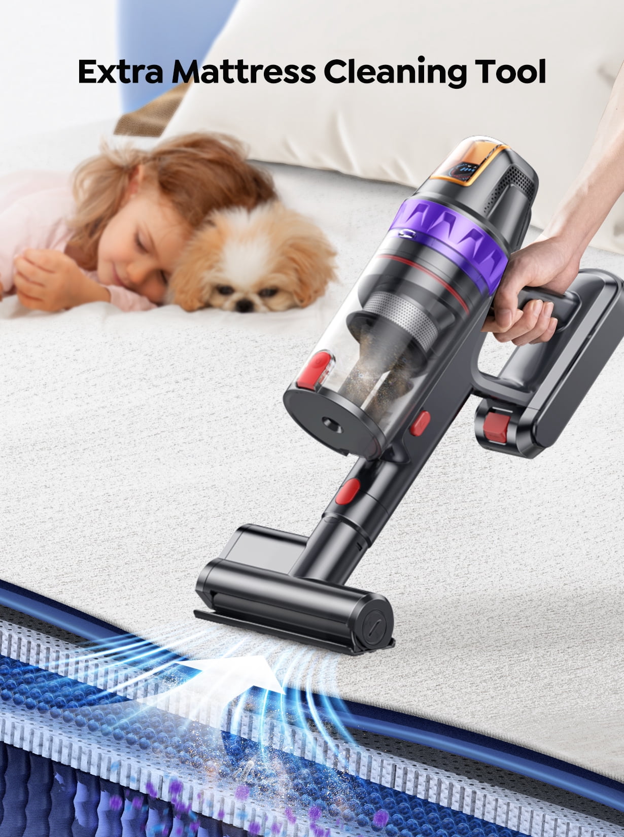 Buture VC90 Mattress Mite Removal Cordless Stick Vacuum Cleaner, 650W 65KPA Strong Suction, 60Mins Runtime for Carpets Pet Hairs Hard Floor