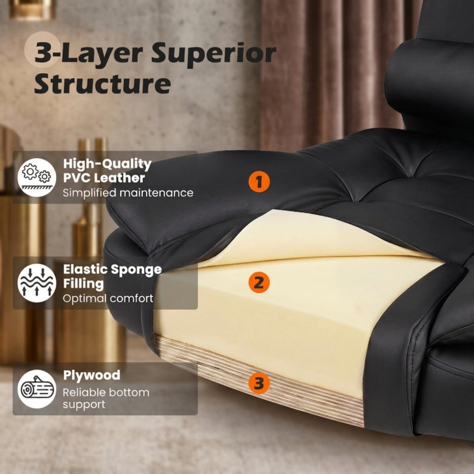 Furnibear High Back Executive Office Chair with Linkage Armrests Reclining Backrest PVC Leather Seat and Swivel Base for Home Office, Black
