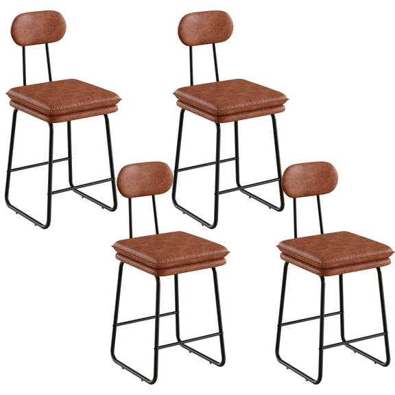 VECELO Saddle Brown Mid Back Bar Stools Set of 4, Faux Leather Upholstered Counter Height Stools with Supportive Backrest & Footrest and Friendly Foot Pads, for Kitchen Island