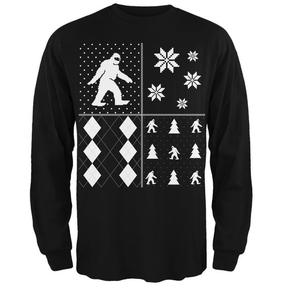 Sasquatch Festive Blocks Ugly Christmas Sweater Black Long Sleeve T-Shirt - Medium